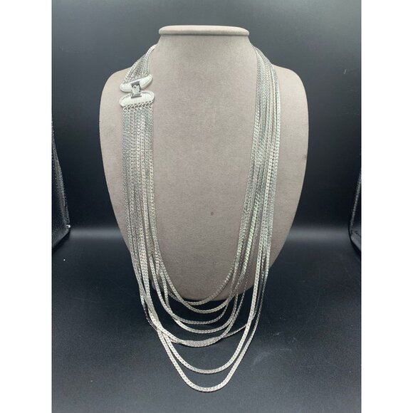 Monet Multichain Necklace Silver Tone Fashion Statement Wide Clasp Marked - Picture 2 of 6